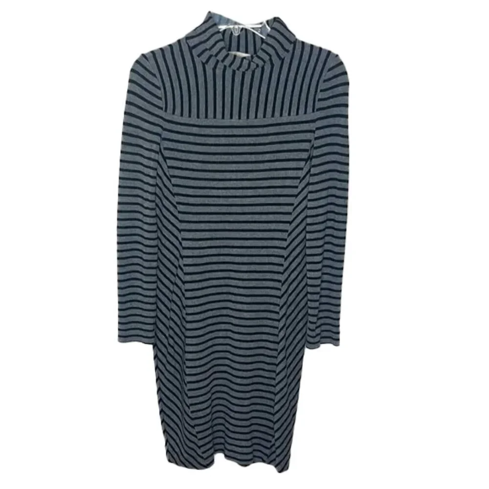🔥 TORY BURCH Gray Black Stripe Sheath Turtleneck Long Sleeve Dress Size S